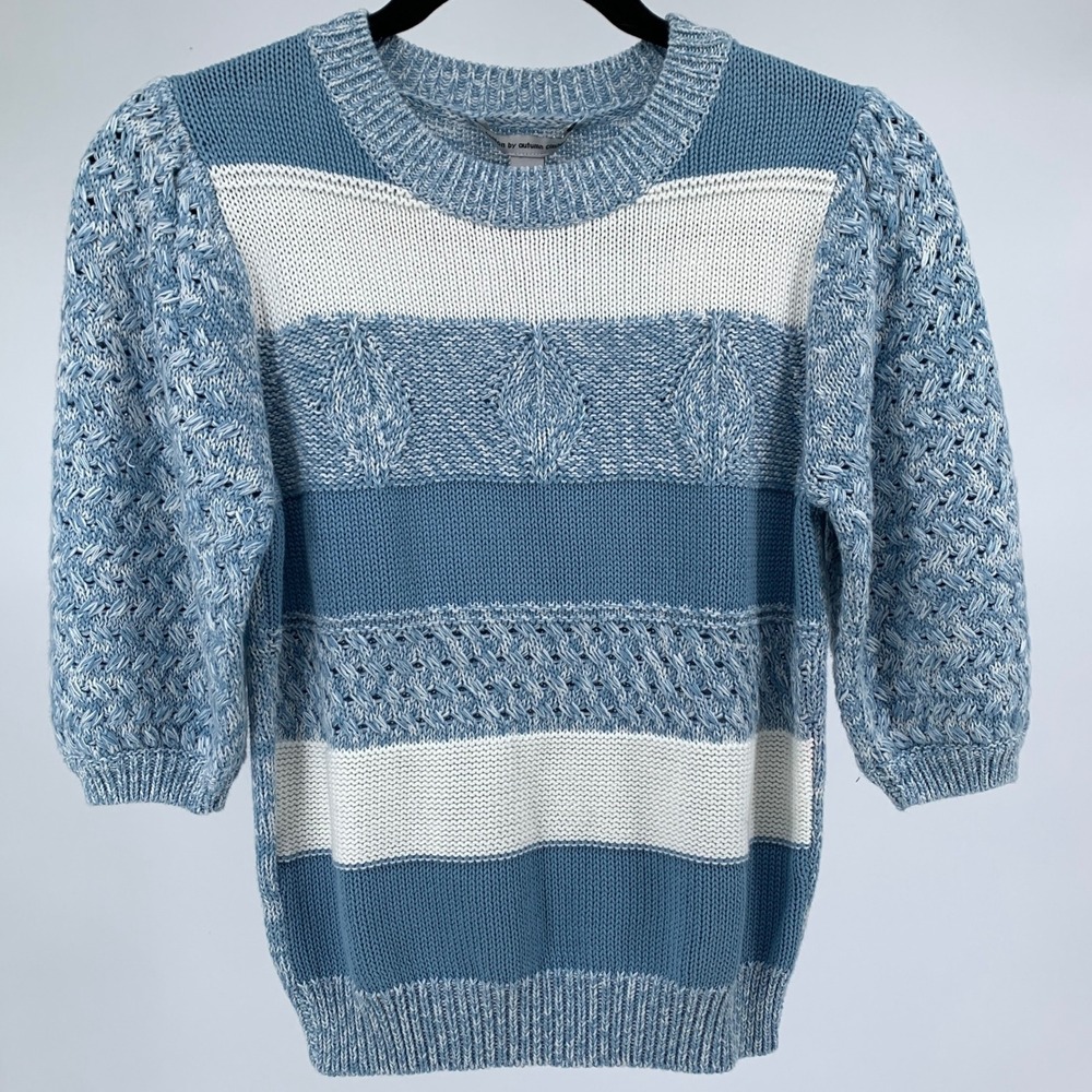 Autumn Cashmere Cotton sz S Mixed Stitch Puff Sleeve Crew Sweater Sky Blue White